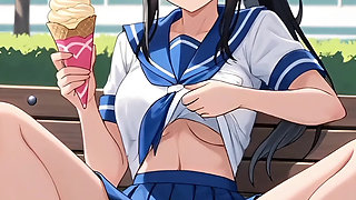 Hentai 2026!  Student licks ice cream in a park, her dripping all over the place