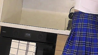 All Natural Big Tits Big Ass Hottest Brunette Babe in the Kitchen with a Short College Uniform Skirt Flashes Panties and Pussy