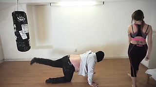 Gym Babe Dominates Fat Masked Submissive