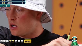 Big titted Sarah fucks her competitor in front of the judge