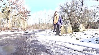 Outdoor pissing session with a long-legged blonde babe Lara Fox