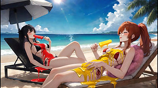 AI Gothic Beauty Meets Redhead Beauty - Beach Crossover (Eating Ice Pops)