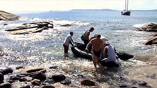 Blond nasty slut get hard fucked by 3 tourists on beach