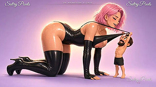 Pink-haired Anime Latex Giantess Drips Milk on Her Tiny Bearded Man - Butt Slaps and Drooling Moans