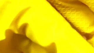 Giantess Stepsister Puts Tiny Stepbrother in Her Yellow Dishwashing Glove Then Plays with Him Has Fun with Him