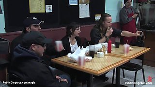 Dirty babe fucked in public restaurant
