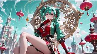 Green-haired warrior in a black-red battle robe, commanding yet shy on the floating terrace.