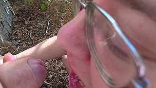 Outdoor Village Blowjob - Glasses Girl Lets the Load Run From Her Mouth