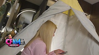 Amazingly Beautiful Hottest Blonde Has a Tent with a Glory Hole and While She Enjoys Her Tea She Likes to Have Cum on Her Legs