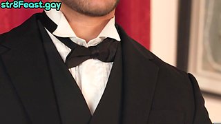 Straight suited bottom barebacked by tattooed top after BJ