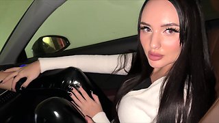 Arrogant slutty brunette wants to dominate first and then she sucks a dick in the car