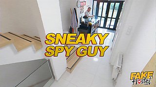 Fake hostel - brazilian teenage with small bum catches old guy masturbation