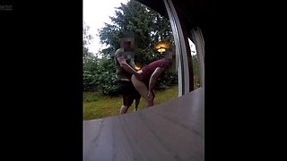 UDA MILF outdoor sex with neighbor behind holiday home, amateur wife gets fucked hard doggystyle almost caught by husband