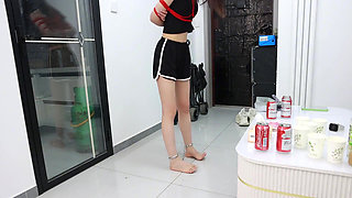 His Girlfriend, with Her Hands Bound and Wearing Ankle Cuffs, Explored the Room Blindfolded