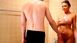 Brunette wife with big boobs gives blowjob