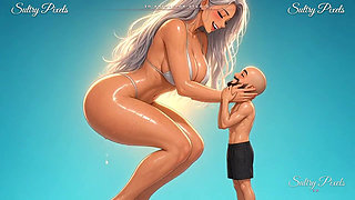 Giant Silver-haired Anime Babe Squats Down to Kiss Her Tiny Man