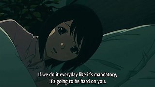 Black hair ponytail anime girl on green couch with lamp yellow blinds nervous guy