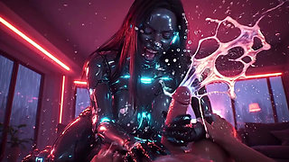 Glossy Robotic Whore in Reverse Cowgirl - Screaming, Squirting Cum from Mouth on Huge Tits