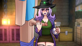 Horny milf witch giving a handjob to a huge cock while collecting cum