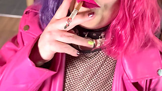 Pink And Perky Tina Snua Smoking A Cork Cigarette In A Leather Jacket - Smoker