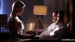 Two horny men with big cocks fucked a gorgeous blonde Miss Sally