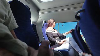 Exhibitionist seduces MILF to suck and jerk his cock on the bus until he cums