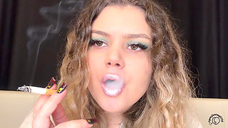 Pink Lips Smoking with Curly Hair