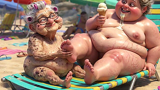 Elderly Granny Passionately Sucking BBW Feet on the Beach