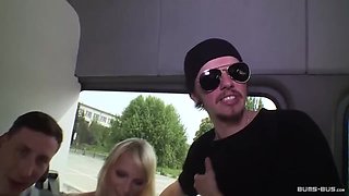 Raunchy public sex on a bus with a naughty German blonde and Mika Olsson