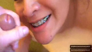 Asian Amateur Girl Gets Cum on Braces After Edging Blowjob POV - ThroatBaby Homemade