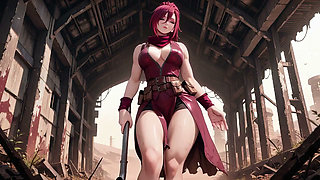 Redhead Warrior in Ruins! Forbidden Encounter in the Industrial Wasteland, her tight combat suit soaked and hazy eyes.