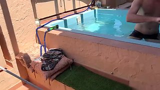 Amateur Brunette Can't Pay Pool Guy - Offers Sloppy Blowjob & Deep Throat Cum in Mouth POV