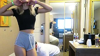 Blonde teen babe in sexy lingerie undressing