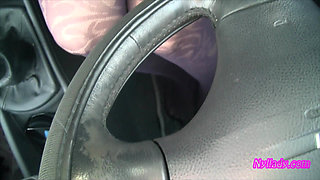 Nyllady's Footjob to Gearshift and Wheel in Patterned Pantyhose