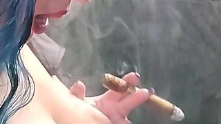 Exciting Cum on Boobies While Smoking a Cohiba Cigar