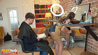 Stacy Cruz & Michael Fly train natural busty brunette to cut clients' hair herself