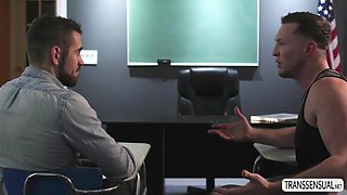 Tattooed Tgirl Casey Kisses visits her student and fucks him