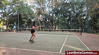 Rafaela and Igor are taking their Strip Tennis match outside